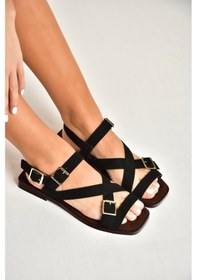 Resim Fox Shoes Y458702602 Siyah Süet Toka Detaylı Kadın Sandalet Siyah 