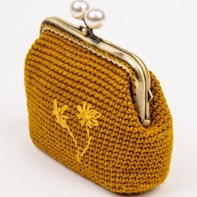 Resim Fabric Craft Bag Kadın Örgü Cüzdan Klipsli, Merserize İplik Çiçek Nakışlı Cüzdan Hardal Sarısı 