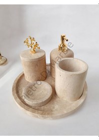 Resim Sarı Traverten Klasik Model 5 Parça Gold Renk Mercan Aksesuarlı Banyo Seti Sarı Traverten 