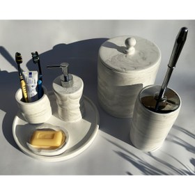 Resim MRY DEKOR Mermer Desenli Çöp Kovalı Üçlü Banyo Set(gümüş Başlıklı) 