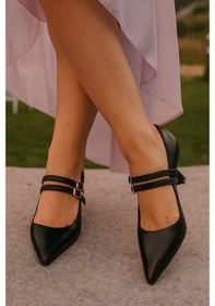 Resim Günlük Kadın İnce Topuklu Sivri Burun Çift Bantlı Tokalı Abiye Ayakkabı 100 Siyah Cilt 