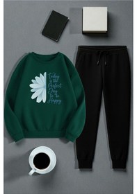 Resim Uyguntarz Unisex Today İs The Perfect Tasarım Basklı Bisiklet Yaka Sweatshirt - 2'li Eşofman Takımı Yeşil 
