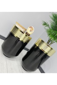 Resim evdeniste ELEGANT Dekoratif Gold Darbuka Parlak Siyah Saksı 70cm + Sehpa 60cm İkili Set 