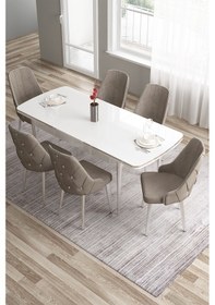 Resim Canisa Tia Serisi 80x132 Açılabilir Mdf Beyaz Krom Detay Mutfak Masası Takımı Ve 6 Cappucino Sandalye Masa Beyaz Sandalye Cappucino 