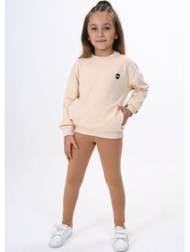 Resim Toontoy Kids Toontoy Kız Çocuk 2'li Takım Baskılı Bisiklet Yaka Düşük Omuz Cepli Sweatshirt & Basic Düz Tayt Bej 