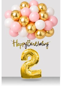 Resim 2 Yaş Retro Gold Pembe Beyaz Balon Happy Birthday Banner Gold Rakam Doğum Günü Süsü Çok Renkli 