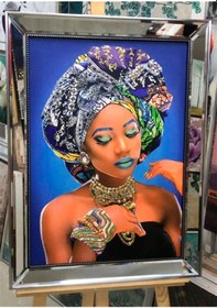 Resim Ayna Çerçeveli Kanvas Tablo Mavi Eşarplı Afrikalı Kadın 