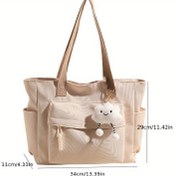 Resim Kadınlar için Büyük Kapasiteli Oxford Kumaş Tote Çanta Sabit Omuz Askısı ile - Çoklu Bölümlü Fermuarlı El Çantası, Sevimli Peluş Aksesuar ve Kahverengi / Pembe / Siyah - İşe Giderken, İşe Giderken ve Günlük Kullanım için Mükemmel, İş El Çantası, Oyunlu Tasarım, Dayanıklı Oxford Kumaş 