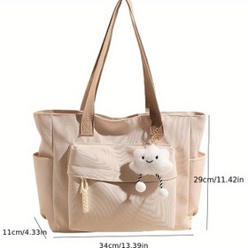 Resim Kadınlar için Büyük Kapasiteli Oxford Kumaş Tote Çanta Sabit Omuz Askısı ile - Çoklu Bölümlü Fermuarlı El Çantası, Sevimli Peluş Aksesuar ve Kahverengi / Pembe / Siyah - İşe Giderken, İşe Giderken ve Günlük Kullanım için Mükemmel, İş El Çantası, Oyunlu Tasarım, Dayanıklı Oxford Kumaş 