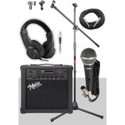 Resim Midex MGA-25BK-PAK 25 W USB Bluetooth ve Şarjlı Elektro Gitar Amfisi (Amfi Mikrofon Stand Kulaklık Jack Kablo) 