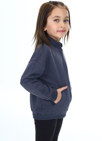 Resim Toontoy Kız Çocuk Lila Dik Yaka Fermuarlı Düşük Omuz Cepli Nakış Baskılı Örme Hırka - 2 İplik Şardon 