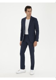 Resim Cacharel Koyu Lacivert Slim Fit Yün Keten Karışımlı Takım Elbise 