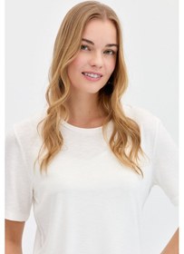 Resim Kadın Sıfır Yaka Flamlı Kumaş Penye Tshirt Ekru Ekru 
