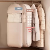 Resim 1 Adet Kendinden Sıkıştırma Fermuarlı Kıyafet Askı Çantası, Gardırop Alanında %40 Tasarruf Sağlayan Şaşırtıcı Depolama Çözümü. Yüksek Kaliteli ve Zarif Tasarımıyla Toz Geçirmez ve Zaman Kazandıran Bej Renkli Depolama Çantası, Paltolar İçin Uygun 