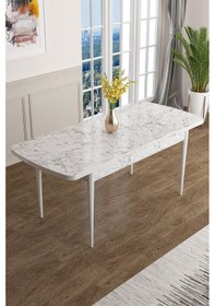 Resim Canisa Han Serisi 70x114 Açılabilir Mdf Mutfak Masası Takımı Beyaz Mermer Desen Masa 6 Turkuaz Sandalye Masa Beyaz Mermer Desen Sandalye Turkuaz 