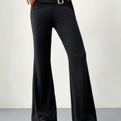 Resim Kadınlar için Metalik Vurgulu Düşük Bel Geniş Paça Pantolon - Şık Siyah Zil Altı, Rahat Orta Esnek Kumaş, Ayarlanabilir Bel Bandı, Günlük veya Genç Tarz İçin Mükemmel, Sevimli Pantolon 