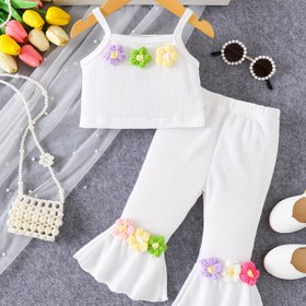 Resim P101432 Yaz Çiçek Beyaz Kolsuz Bluz ve Pantolon Seti - Sevimli Büzgülü Kolsuz Bluz Elastik Bel Bandı ile, Bahar/Yaz için Mükemmel, Kız Kıyafeti, Kız Giysileri, Dayanıklı Snap Düğmeleri, Yumuşak Nefes Alabilir Kumaş, Açık Hava için 