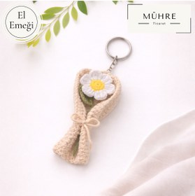 Resim mühre Mini Çiçek Buketi Papatya Anahtarlık Charm Hediyelik %100 Pamuklu Organik Amigurumi Örgü 