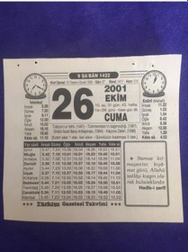 Resim 26 Ekim 2001 Takvim Yaprağı - Nostalji Koleksiyonluk Takvim Yaprağı B 