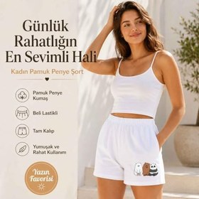 Resim Kadın Beli Lastikli Mini Şort Pamuk Penye Rahat Kalıp Yazlık Günlük Düz ve Baskılı Şort 