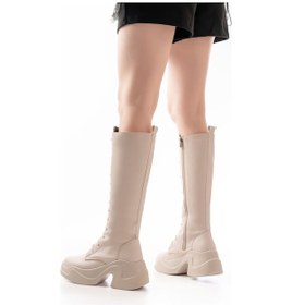 Resim Fz-2450 Bej Yüksek Tabanlı Bağcıklı Fermuarlı Günlük Kadın Çizme Altın - Siyah 