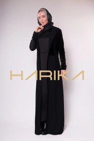 Resim Kadife Detaylı Siyah Uzun ferace - 3XL 