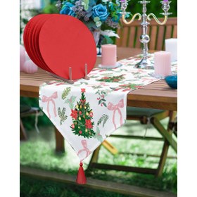 Resim Yılbaşı Ağacı Tasarımlı Üçgen Püsküllü Runner 1 Adet ve 6 Adet Kırmızı Renkli Supla 