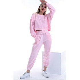 Resim Kadife Yuvarlak Yaka Uzun Kollu Sweatshirt Cepli Bel Lastikli Pantolon Takım Pembe 