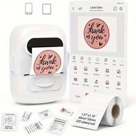 Resim Ev, giyim, süpermarketler, mücevher ve gıda endüstrileri için uygun olan taşınabilir termal etiket yazıcısı P50, Android + iOS ile uyumlu, 40 * 30 mm beyaz çıkartmalar rulosuyla donatılmıştır 