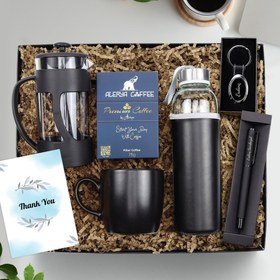 Resim Kişiye Özel Siyah Mat Roller Kalem & Özel Deri Kılıflı 500 Ml Su Matarası & Siyah Mat Kupa & Siyah French Press & Alerya Premium Filtre Kahve & Gümüş Renk Anahtarlık Hediye Seti 