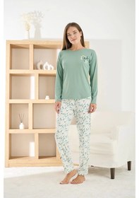 Resim Pijamoni Kadın Berlin Kumaş Bisiklet Yaka Yeşil Pijama Takımı - 8811 Yeşil 