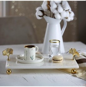 Resim Akayev Mermer Beyaz 30X20 CM Altın Ayak Ginkgo Sunum Tabağı 