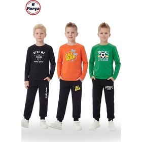 Resim Panios Kids 3'lü Yuvarlak Yaka Sweatshirt Siyah Eşofmanlı Baskı Detaylı 6 Parça Erkek Çocuk Alt Üst Takım Siyah - Turuncu 