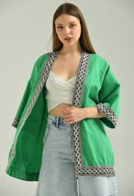 Resim VOLT CLOTHİNG Kadın Kısa Kol Nakış Işlemeli Keten Kimono 