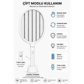 Resim Glr LTD-718 Beyaz Elektrikli Sinek Raketi 1200mAh Bataryalı, Type-C Şarjlı, Dijital Ekranlı Sinek Öldürücü 