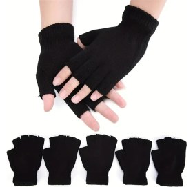 Resim Natural Charm 1 Çift Yarım Parmak Eldiven Kadın Erkek Casual Elastik Örgü Eldiven Sıcak Eldiven Spor Eldivenleri Için Düz Renk Örme Parmaksız Eldivenler 