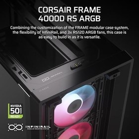 Resim CORSAIR Frame 4000D RS ARGB Modüler Mid-Tower ATX PC Kasası - Yüksek Hava Akışı, 3X Önceden Takılmış RS ARGB Fanlar, InfiniRail™ Fan Montaj Sistemi, ASUS BTF, MSI Project Zero, Gigabyte Project 