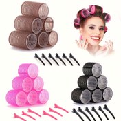 Resim 12 parça/set Kendinden yapışkanlı rulmanlar kiti, 6 adet ısı gerektirmeyen saç rulmanları ve 6 saç tokası ile 1 adet sprey şişesi, DIY saç kıvırma araçları seti 