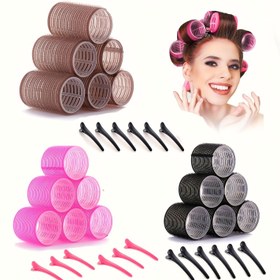 Resim 12 parça/set Kendinden yapışkanlı rulmanlar kiti, 6 adet ısı gerektirmeyen saç rulmanları ve 6 saç tokası ile 1 adet sprey şişesi, DIY saç kıvırma araçları seti 