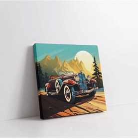 Resim Dağ Manzarası Ve Araba Kare Kanvas Tablo 