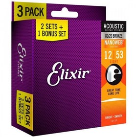 Resim Elixir 16539 Nanoweb 80/20 Bronze Light Akustik Gitar Teli (12-53) | 3'lü Paket 
