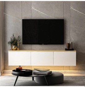 Resim Tv Sehpası Norm Duvara Monte Beyaz Safir Meşe Led Işıklı 160 Cm 