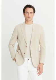 Resim Erkek Bej %100 Pamuk Slim Fit Dar Kesim Mono Yaka Torba Cepli Blazer Ceket Bej 