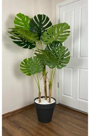Resim BİÇİÇEK Yapay Ağaç Monstera Bambu Gövdeli 150cm Devetabanı Ağacı Büyük Boy Antrasit Renk Yalı Saksıda 