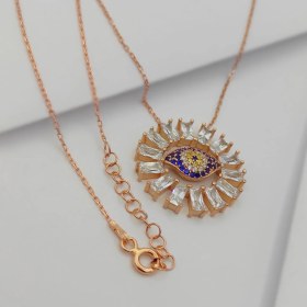 Resim 925 Gümüş Kadın Rose Baget Taşlı Nazar Boncuğu Sembol Gümüş Kolye 925 Ayar 
