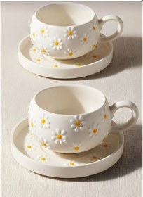 Resim Papatya Desenli Tabaklı Fincan-kupa-mug-el Yapımı Fincan Takımı-220 Ml - 