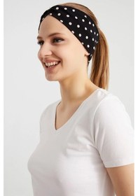 Resim Kadın Çapraz Bağlamalı Pamuklu Penye, Kaymaz, Yumuşak, Esnek, Saç Bandı Bandana - Tek Ebat / Siyah Üzerine Beyaz Puantiyeli Siyah Üzerine Beyaz Puantiyeli 