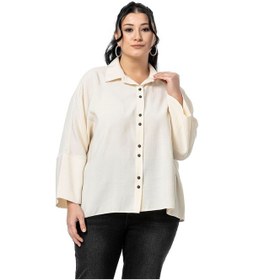 Resim Büyük Beden Düğme Ve Kol Detaylı Kısa Ekru Gömlek Ekru 