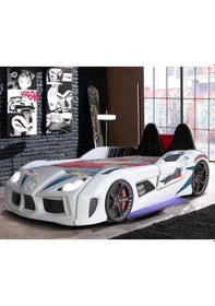 Resim Arabalı Yatak, Audi Koltuklu Full Ledli Arabalı Yatak - Beyaz + 1 Adet Comfort Yatak 