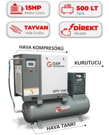 Resim Hava Kompresörü Depo Üstü Vidalı 15hp 500lt Gpv15a 